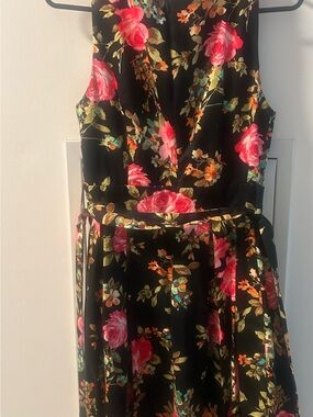 Ixia Black Floral Dress with Pink and Orange Accents size Small waist is 36